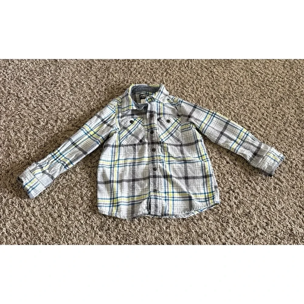 Oshkosh Boys Gray Neon Green Blue Long Sleeve Flannel Size 5